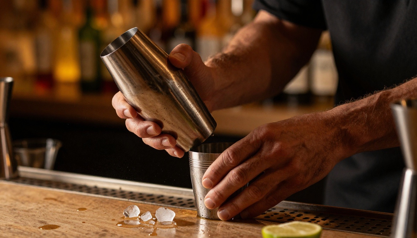 Close-up of bartender's hands gripping a Boston shaker in a double-shake with dramatic side-lighting and scattered ice on bar