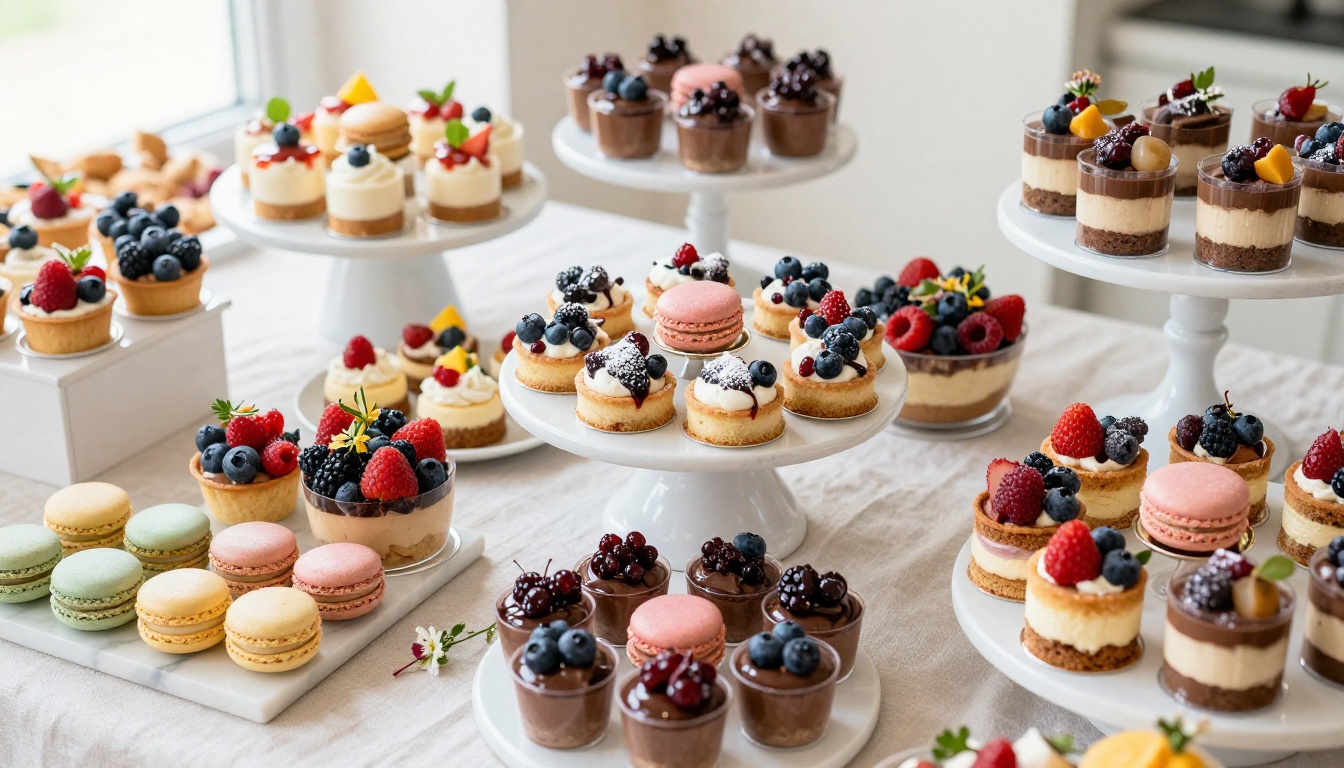 Catering dessert table aerial view with macarons and tarts