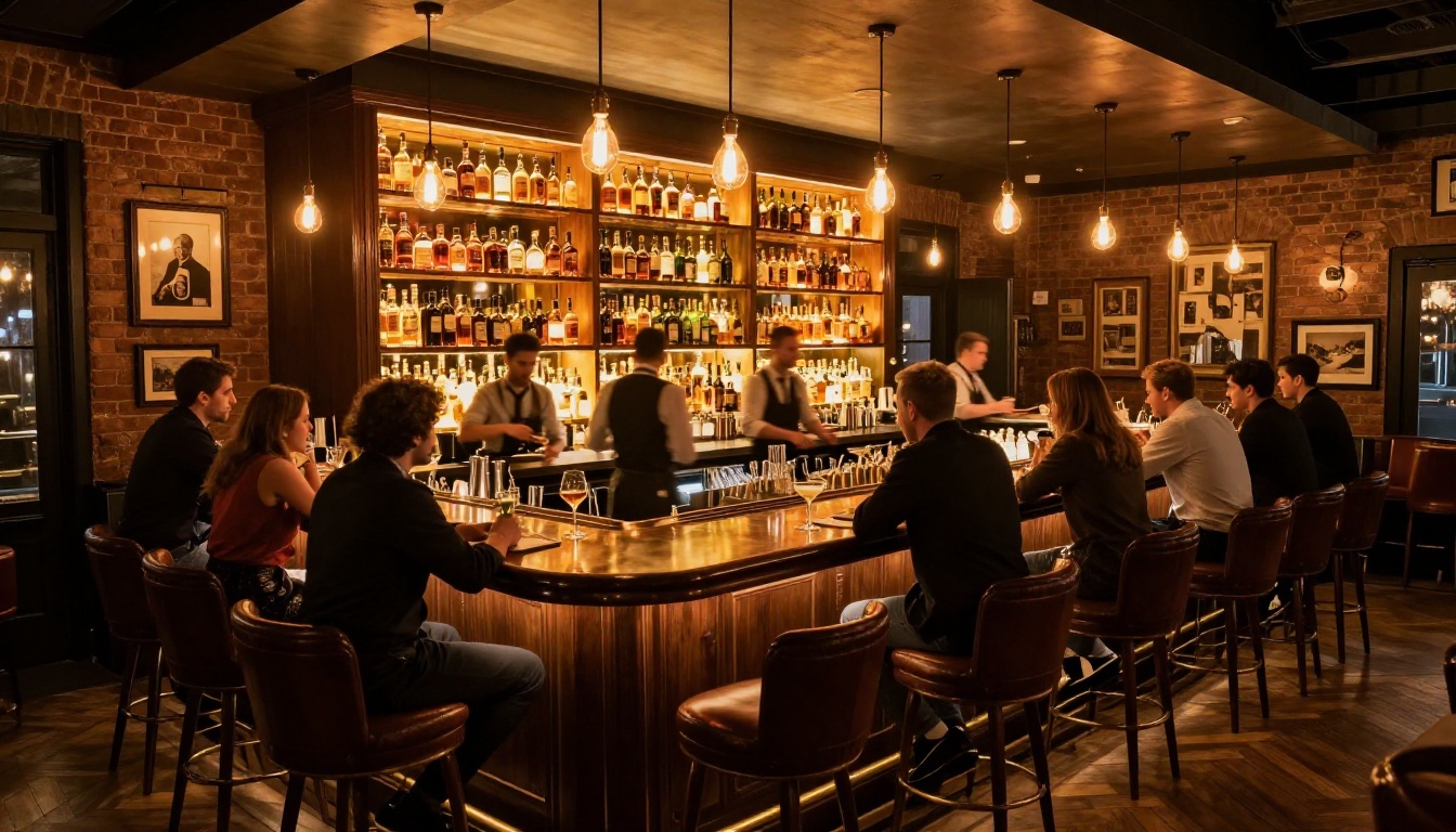 Wide establishing shot of upscale cocktail bar interior during evening service with bartenders in motion and glowing amber bottle wall