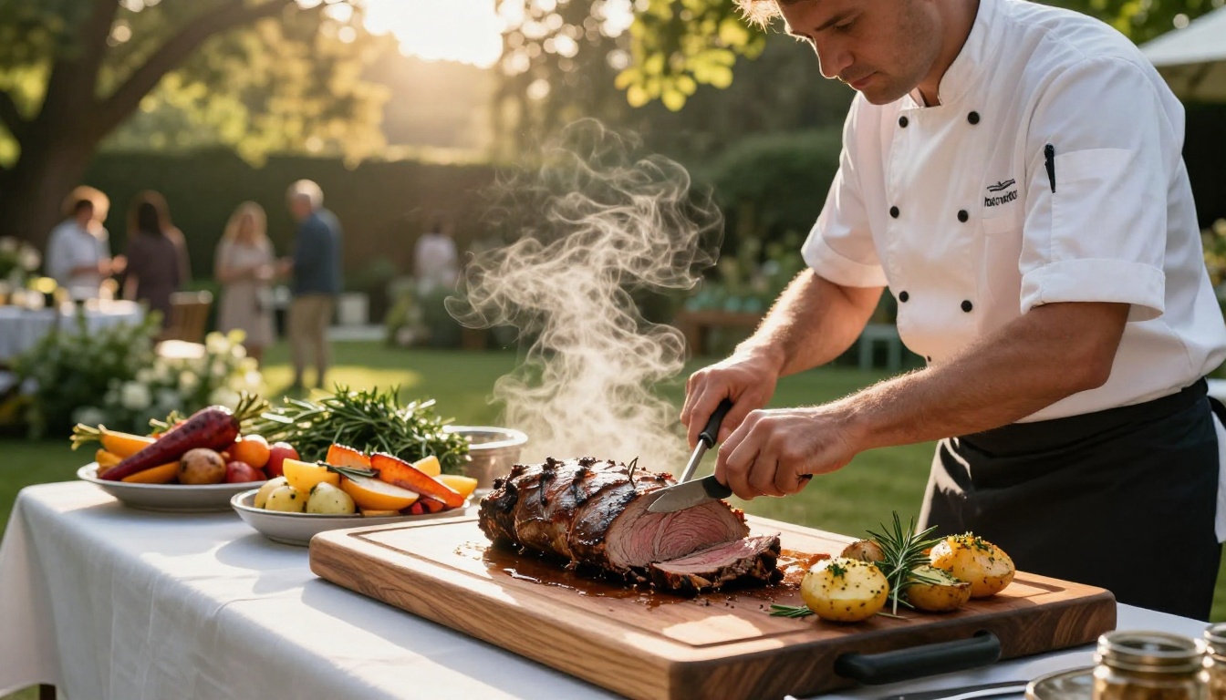 Chef carving roast beef at outdoor garden party catering station