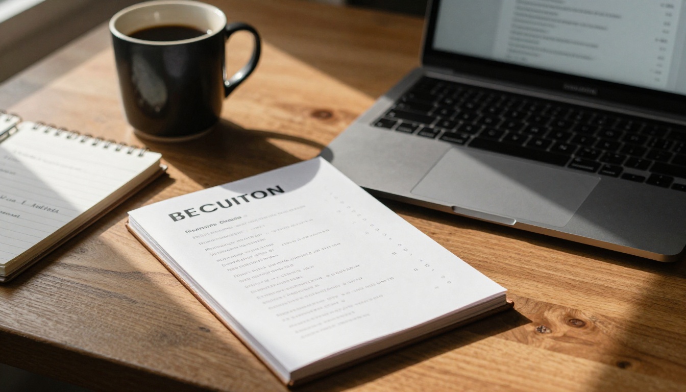 Catering business owner at desk reviewing menu PDF on laptop