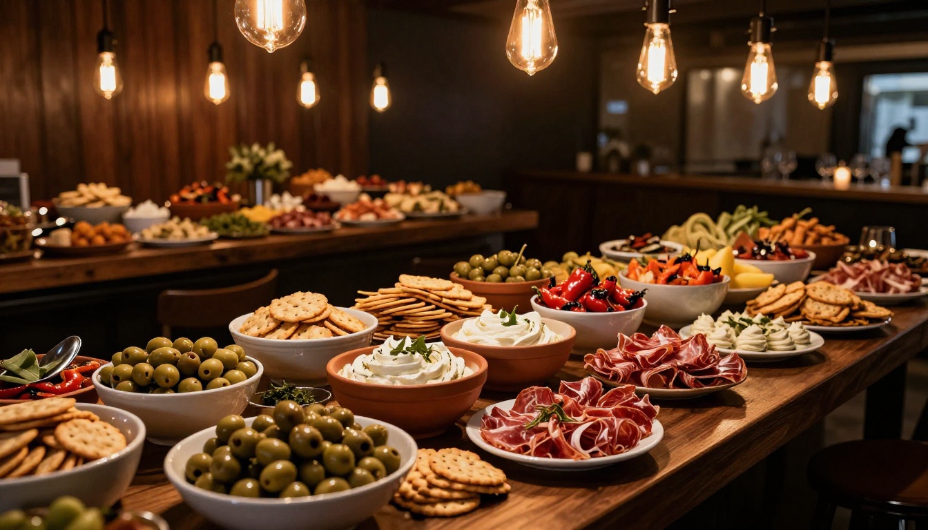 Upscale indoor cocktail reception catering spread with grazing table