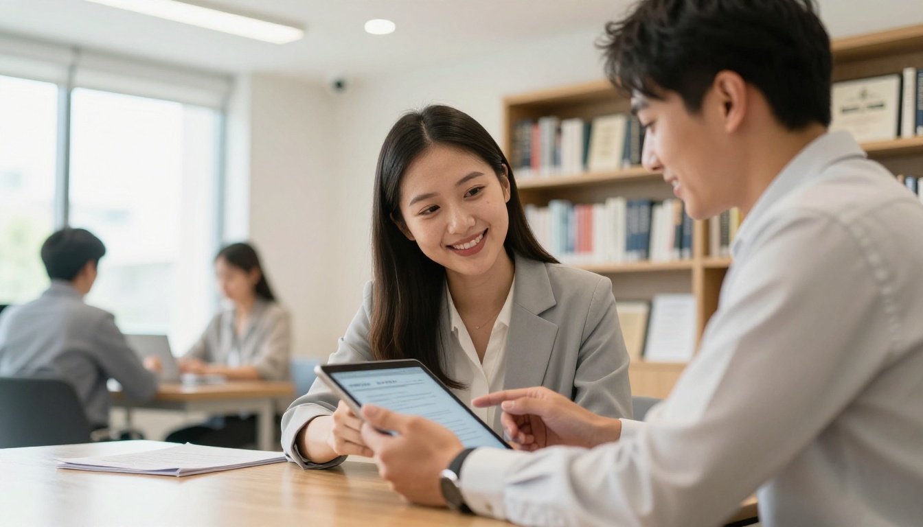 Mortgage broker reviewing documents with clients at a modern office meeting table Mortgage broker reviewing documents with clients at a modern office meeting table