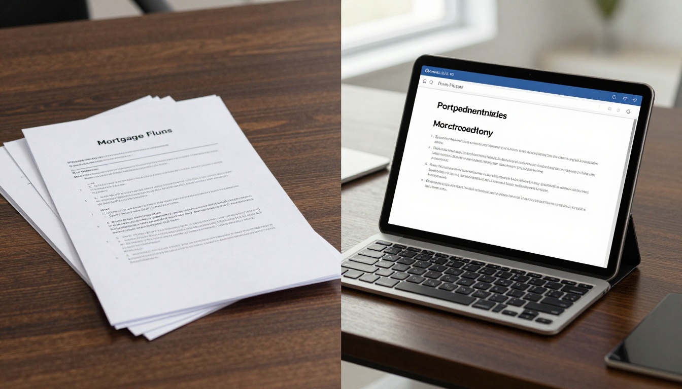 Side-by-side view of thick printed mortgage documents versus a sleek tablet showing a digital flipbook Side-by-side view of thick printed mortgage documents versus a sleek tablet showing a digital flipbook