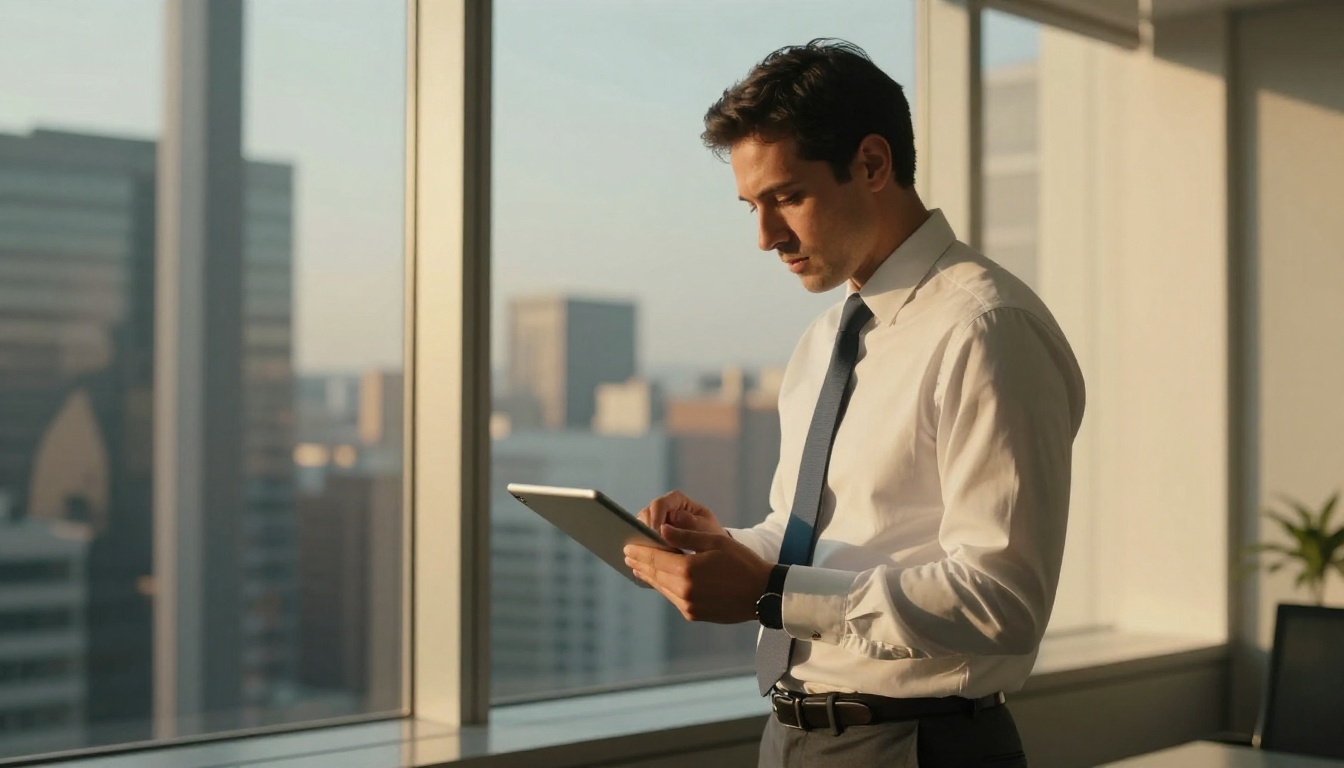 Mortgage broker standing at floor-to-ceiling window with tablet in golden hour light Mortgage broker standing at floor-to-ceiling window with tablet in golden hour light
