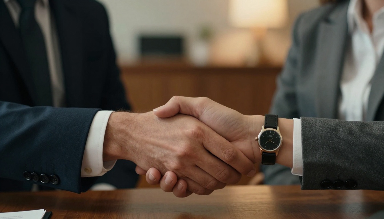 Mortgage broker and client shaking hands after a successful deal in a professional office Mortgage broker and client shaking hands after a successful deal in a professional office