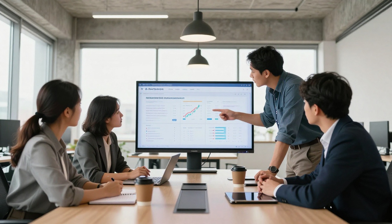 Three mortgage brokers collaborating around a conference table reviewing a shared digital presentation Three mortgage brokers collaborating around a conference table reviewing a shared digital presentation
