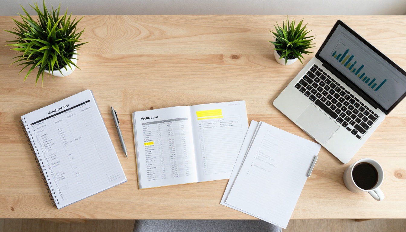 Aerial view of an organized accounting workspace with financial documents and coffee