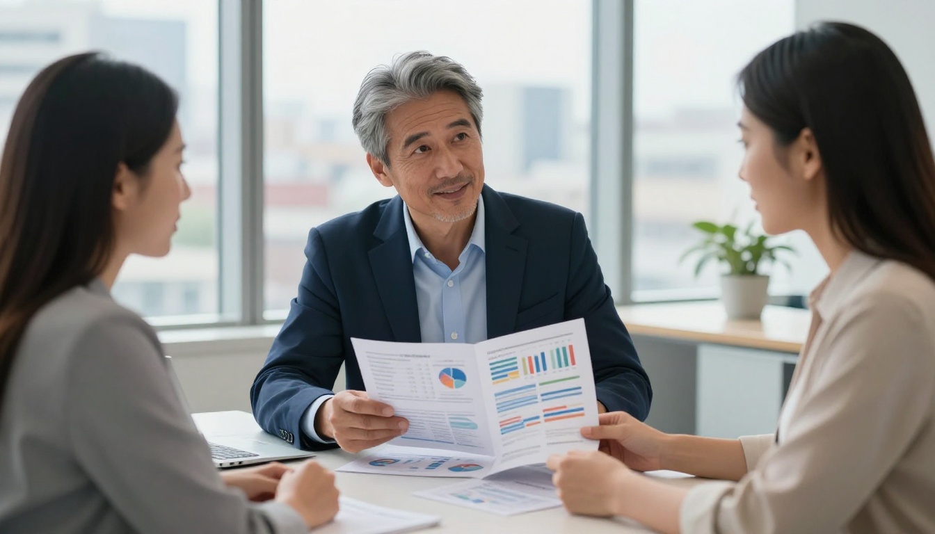 Professional bookkeeper presenting a financial brochure to a small business client
