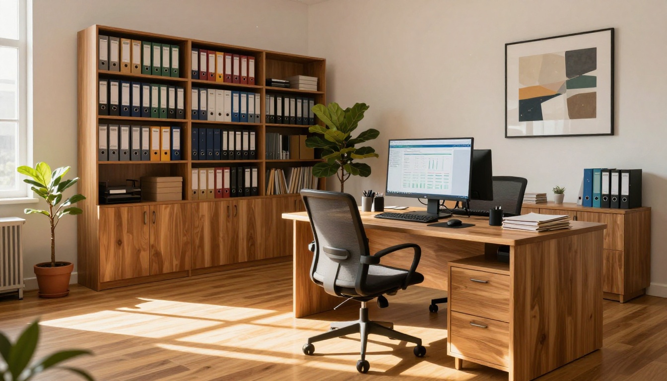 Well-organized small accounting firm office with bookshelves and financial dashboard