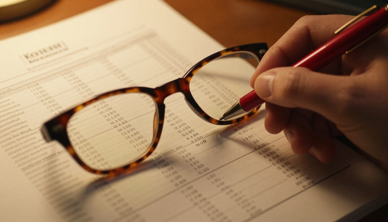 Close-up of a financial balance sheet being reviewed through reading glasses