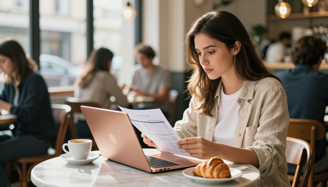 Small business owner reviewing financial reports on a laptop at a café