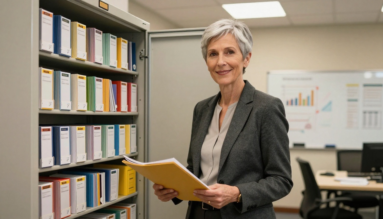 Professional accountant standing beside an organized filing cabinet in a modern office
