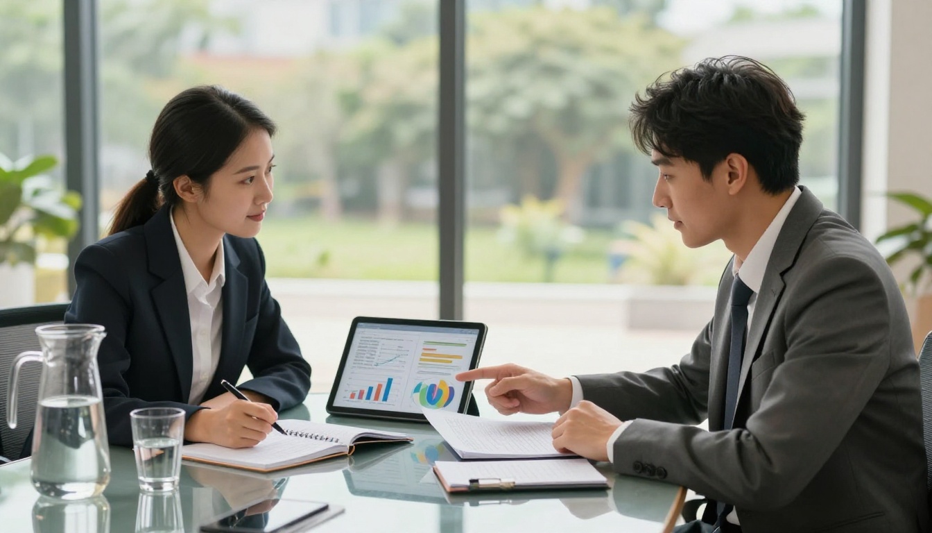 Two finance professionals reviewing financial documents together at a conference table