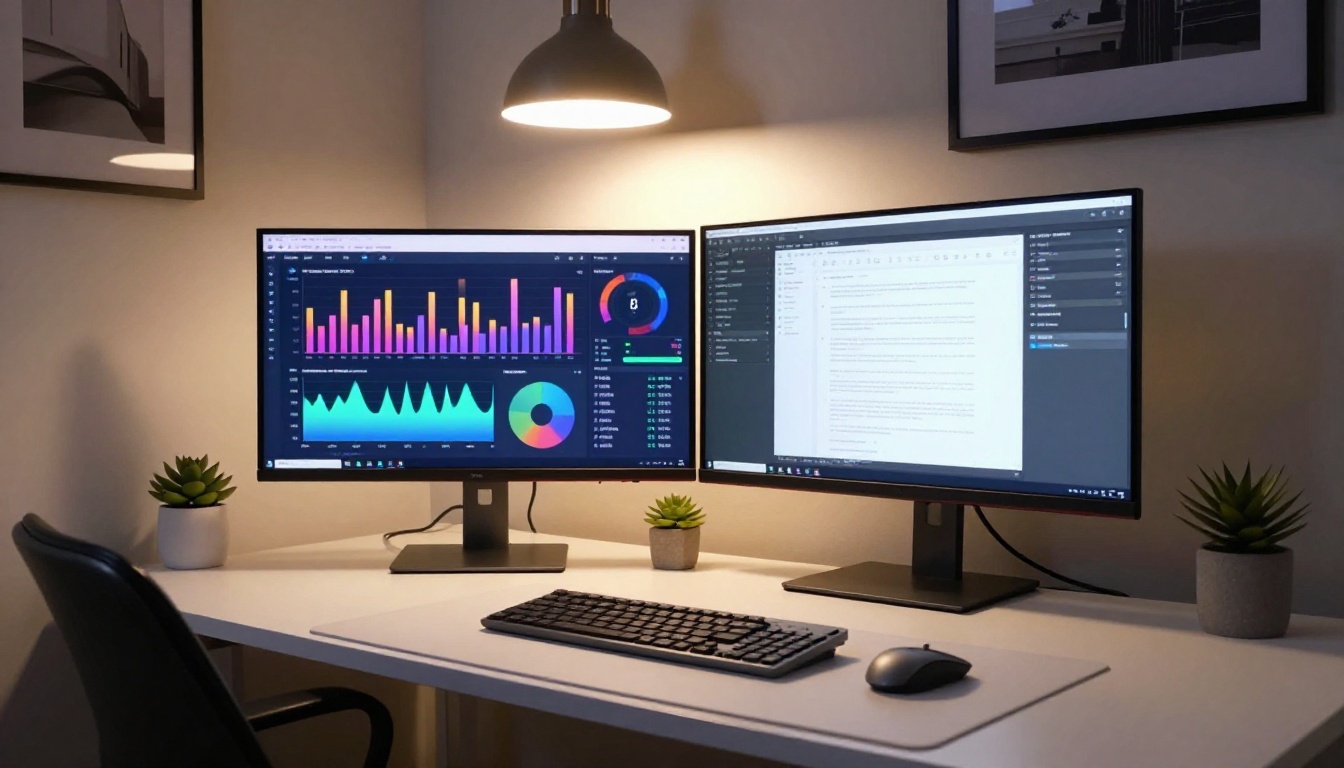 Modern dual-monitor home office showing a financial dashboard and professional documents