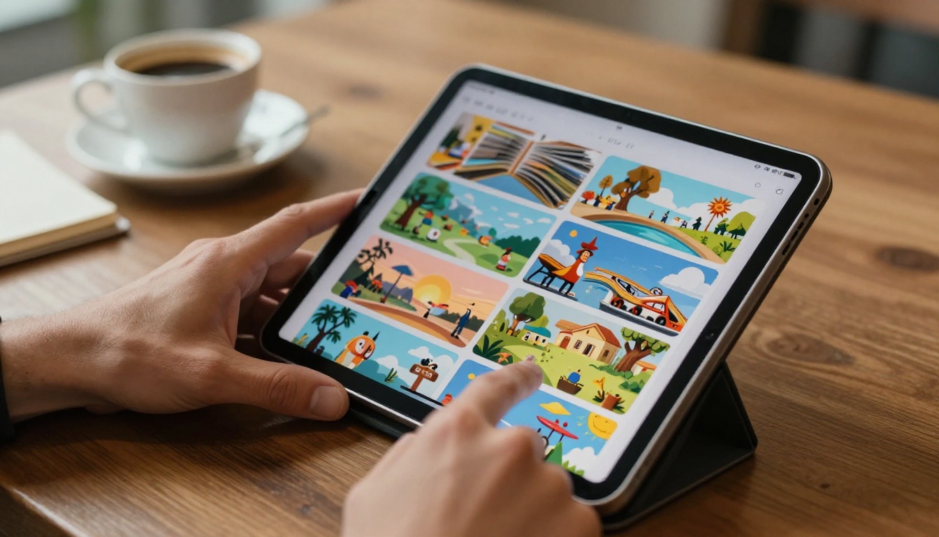 Man holding iPad displaying a colorful digital flipbook mid page-turn
