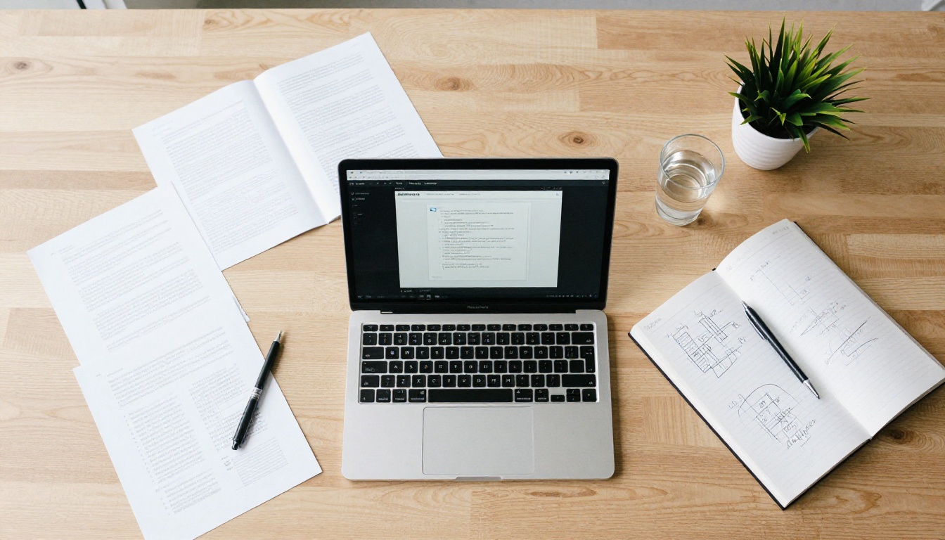 Designer workspace with laptop and PDF documents laid out from above