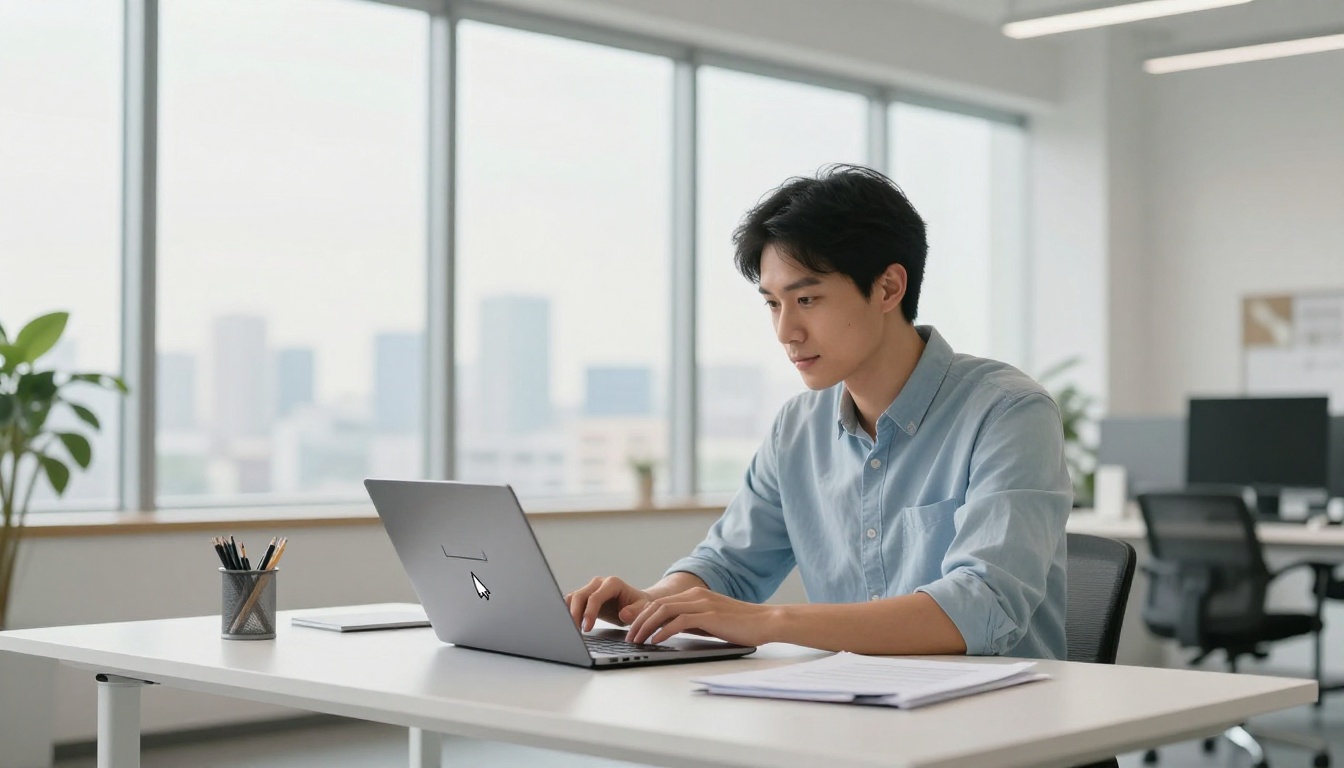 Man uploading PDF document to laptop in modern open-plan office with city views