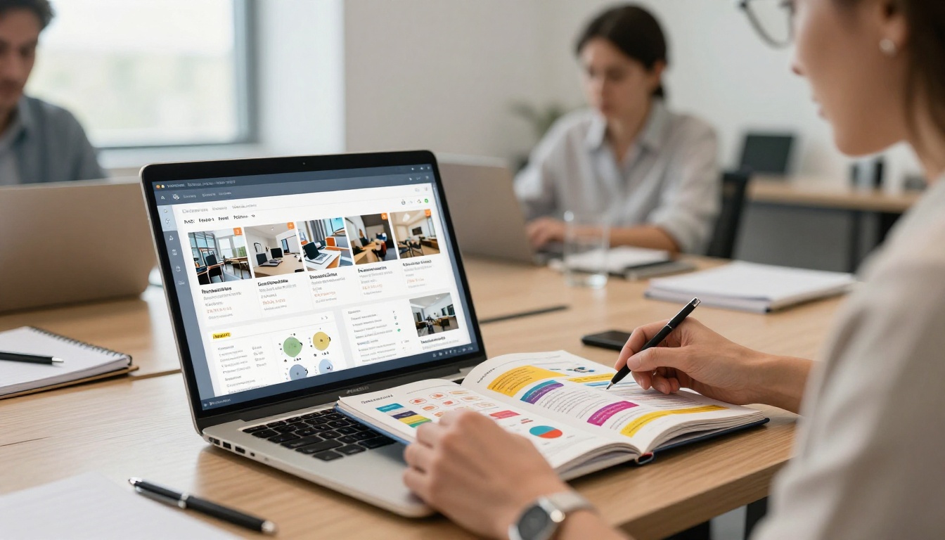 Marketing professional reviewing product catalog flipbook on laptop in corporate conference room