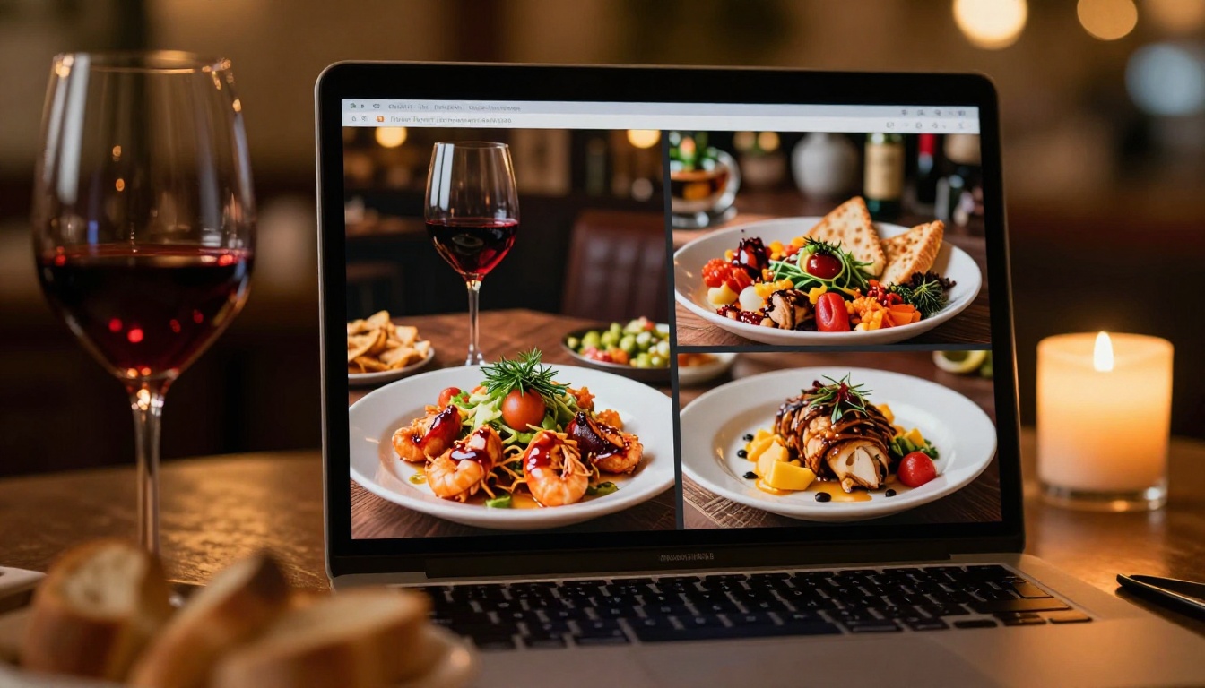 Laptop screen showing restaurant menu flipbook with vibrant food photography on restaurant table