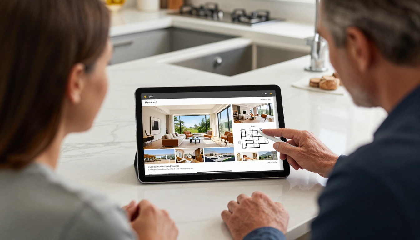 Real estate agent showing luxury property flipbook on tablet to couple at kitchen island