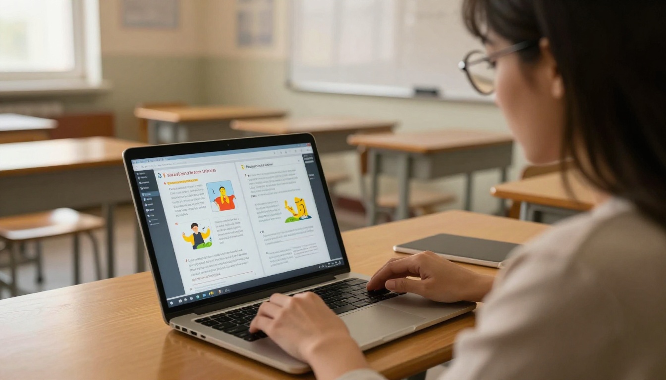 Female teacher at classroom desk with laptop displaying interactive educational flipbook