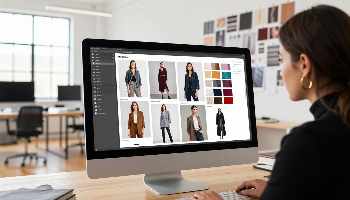Fashion designer reviewing digital lookbook on large iMac monitor in creative studio