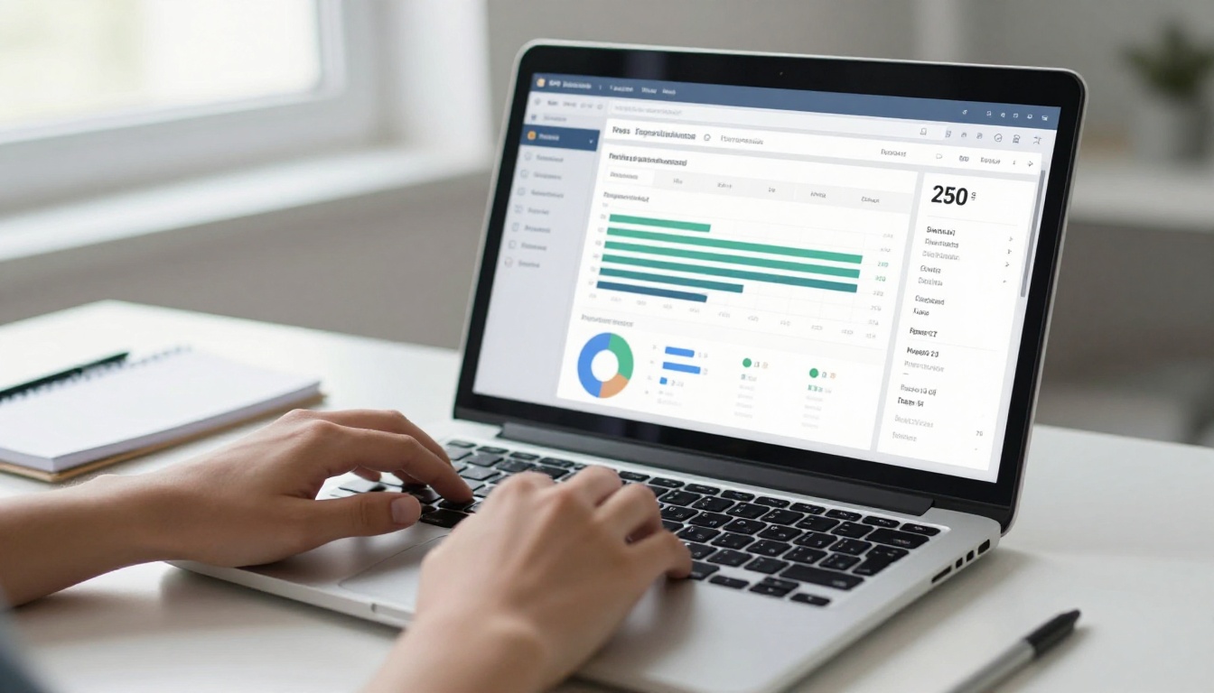 Person's hands on laptop keyboard with analytics dashboard showing page metrics on screen