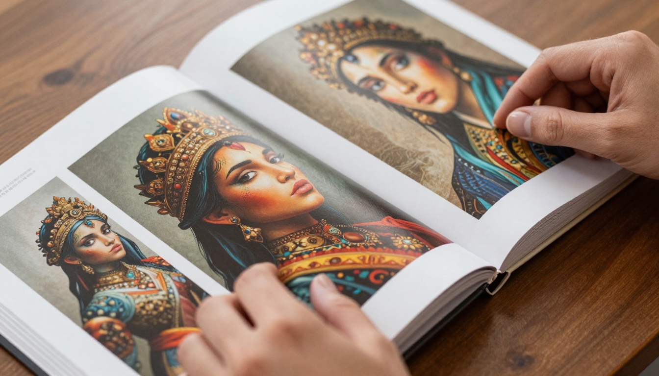AI art portfolio book being flipped through by hand