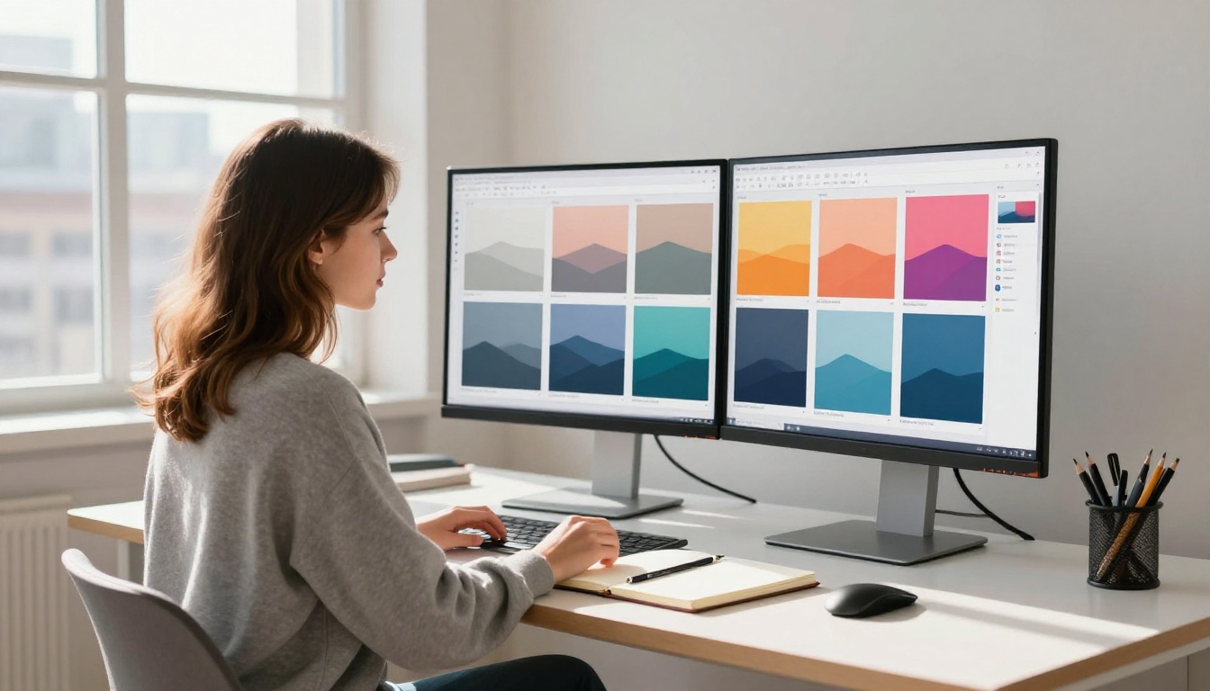 Female artist reviewing AI art series on dual ultrawide monitors
