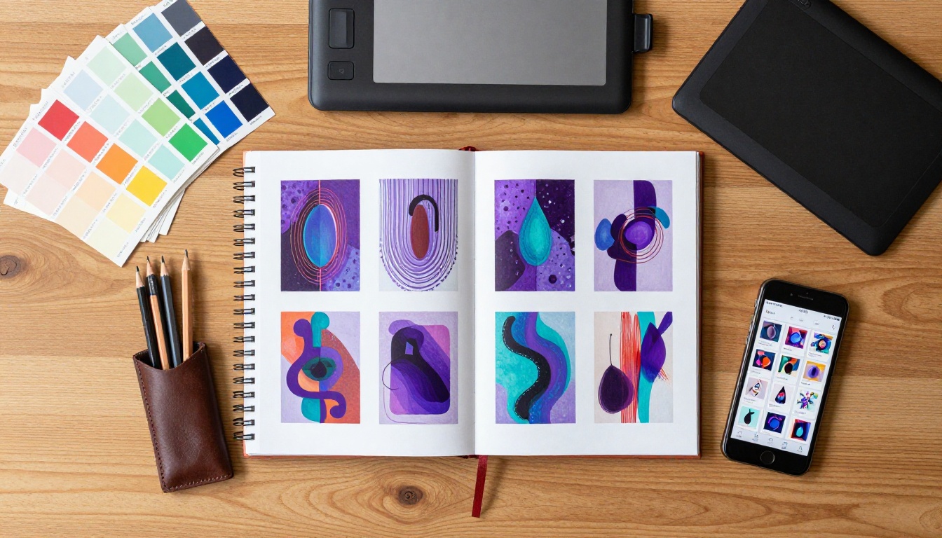 Creative workspace flat lay with open portfolio book and art tools overhead