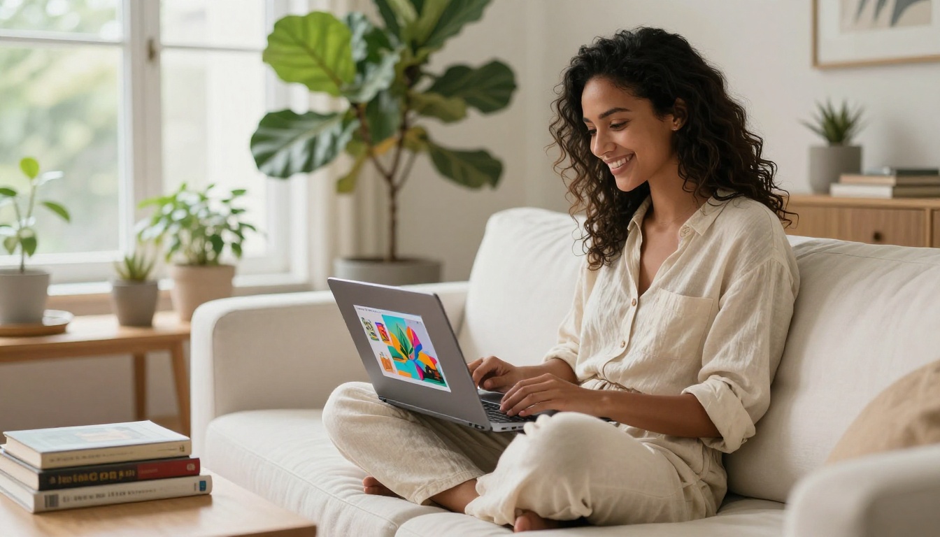 Woman browsing a digital flipbook on her laptop at home with warm morning light