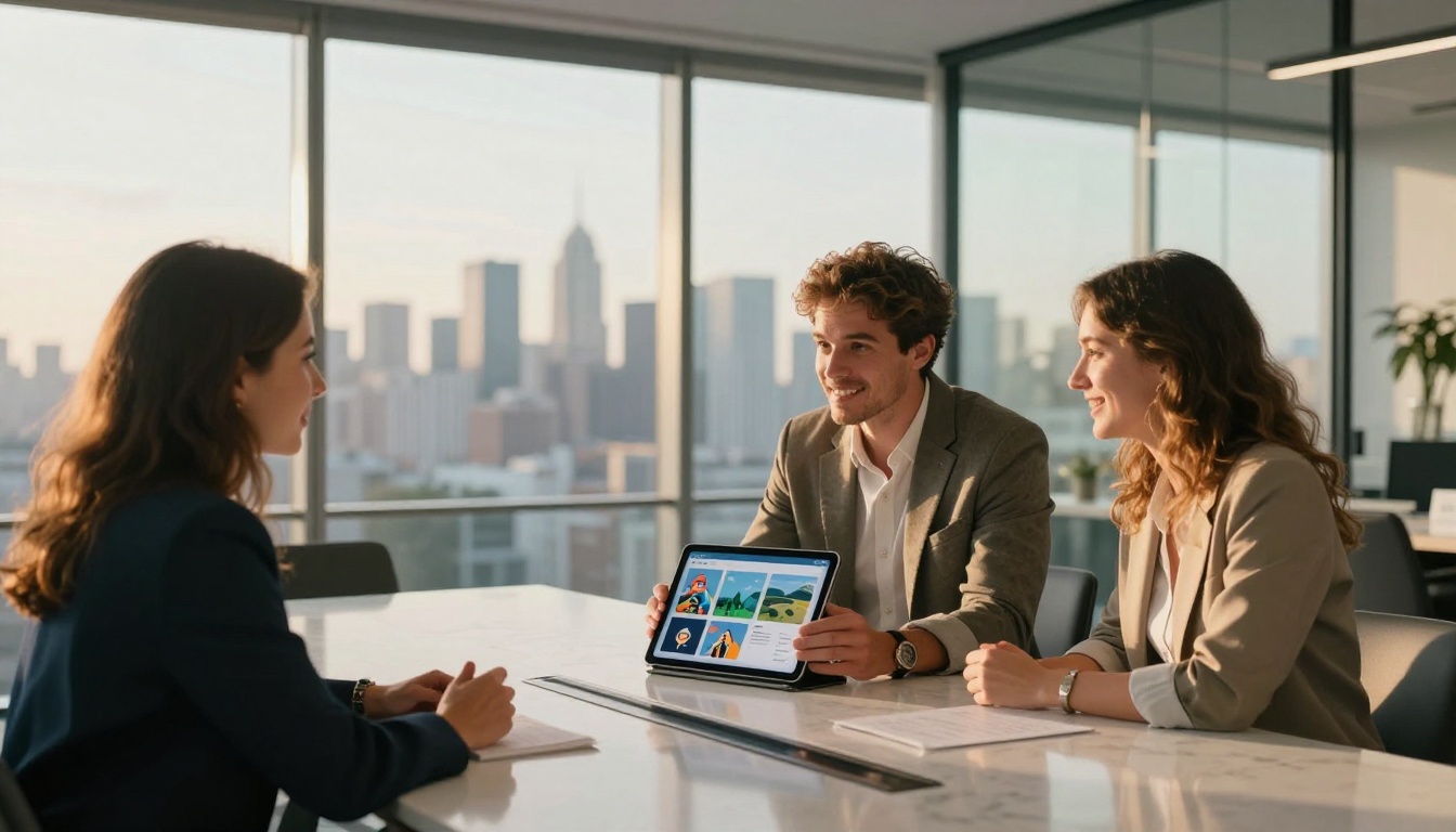 Creative professional presenting AI art flipbook portfolio to a client in modern office