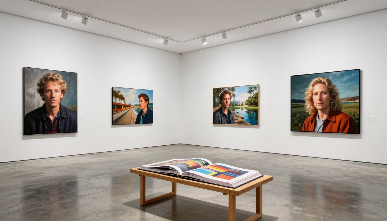 Modern white-cube gallery studio with AI art prints on the walls and portfolio on easel