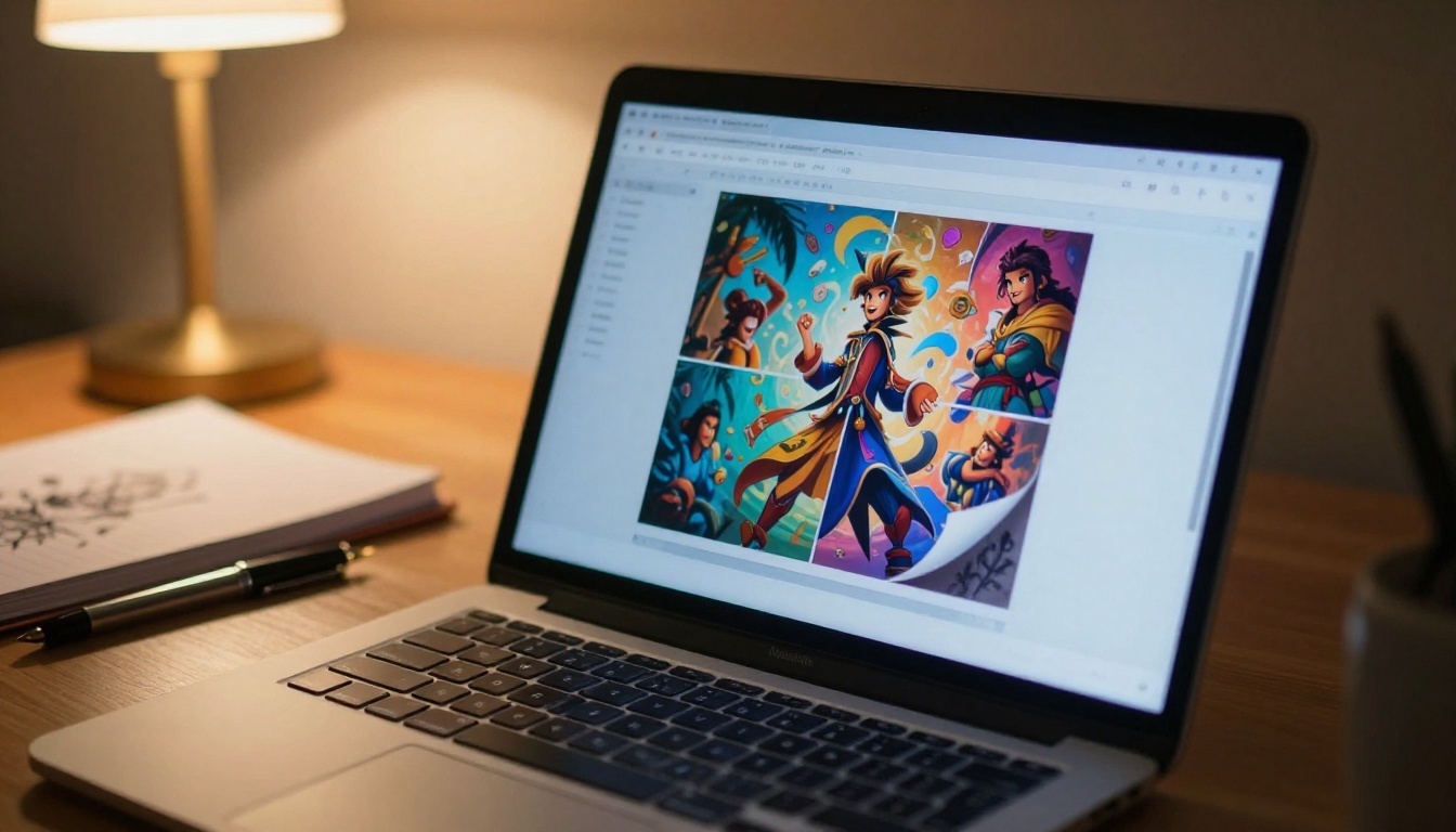 Laptop screen showing a live flipbook interface with AI artwork mid page-turn