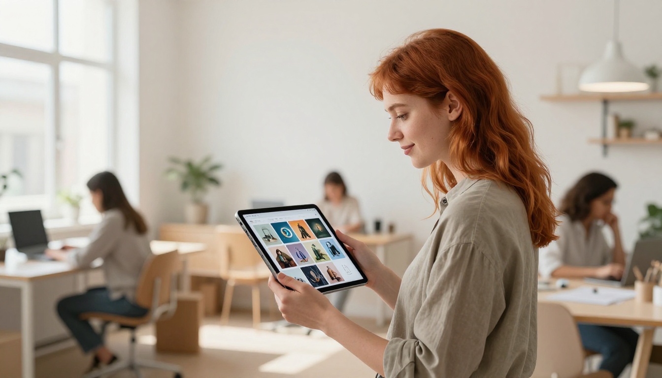 Graphic designer reviewing AI art portfolio grid on iPad Pro in a co-working space