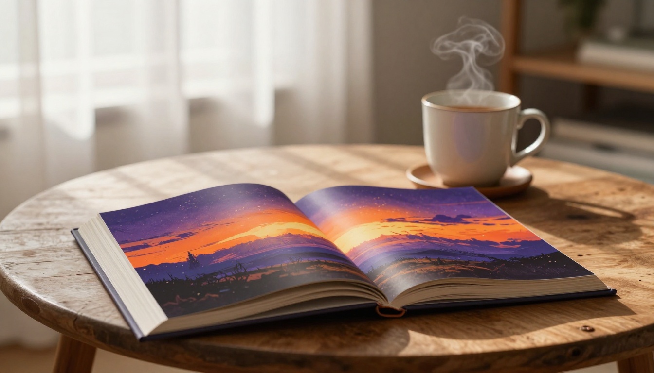 Open art portfolio book on a coffee table with morning tea and soft window light