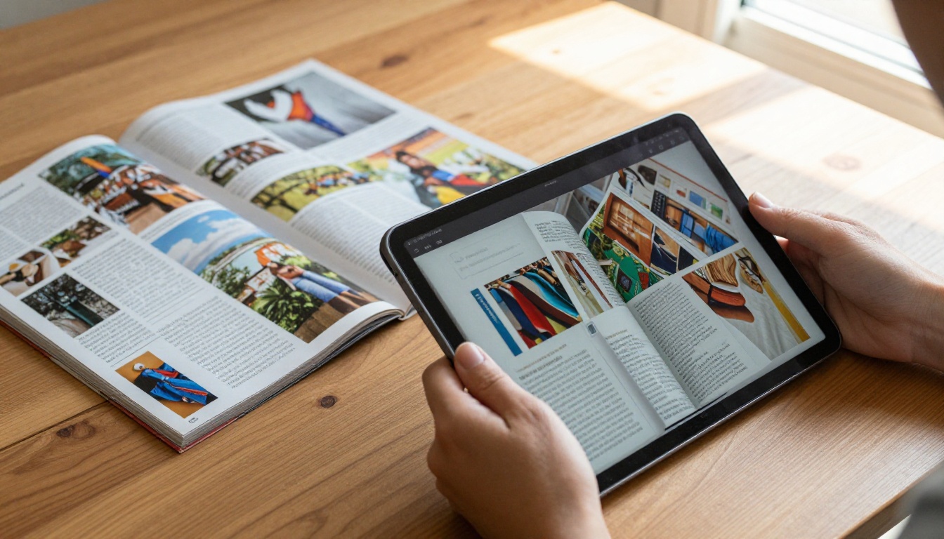 Print magazine compared side-by-side with a digital flipbook on a tablet Print magazine compared side-by-side with a digital flipbook on a tablet