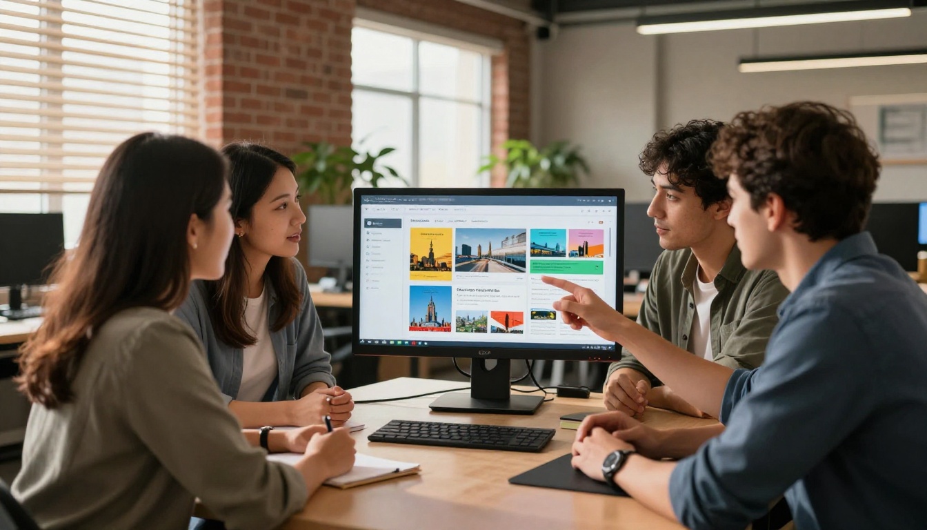 Marketing team reviewing an interactive digital catalog on an office monitor Marketing team reviewing an interactive digital catalog on an office monitor