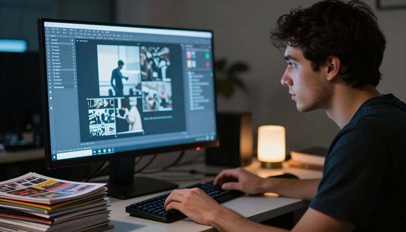 Designer working late at night with a digital portfolio flipbook on a large monitor Designer working late at night with a digital portfolio flipbook on a large monitor
