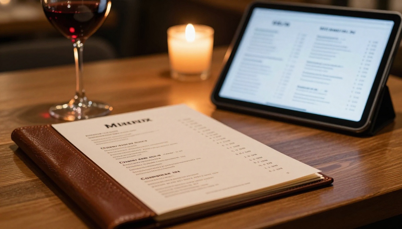 Printed restaurant menu beside a tablet showing the same content as an interactive digital flipbook Printed restaurant menu beside a tablet showing the same content as an interactive digital flipbook