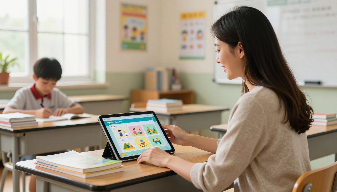 Teacher placing a tablet with an educational flipbook on a student's desk Teacher placing a tablet with an educational flipbook on a student's desk