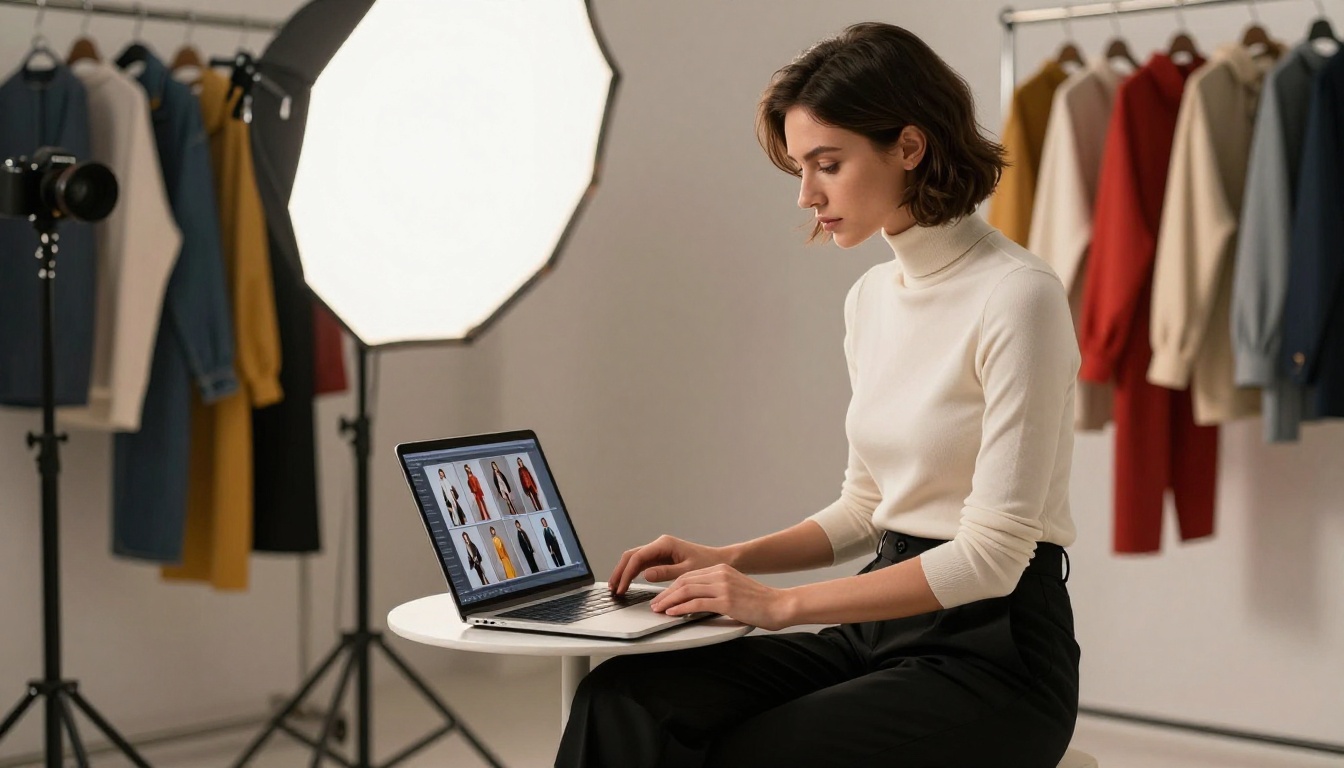 Fashion photographer reviewing a digital lookbook on a laptop in her studio Fashion photographer reviewing a digital lookbook on a laptop in her studio