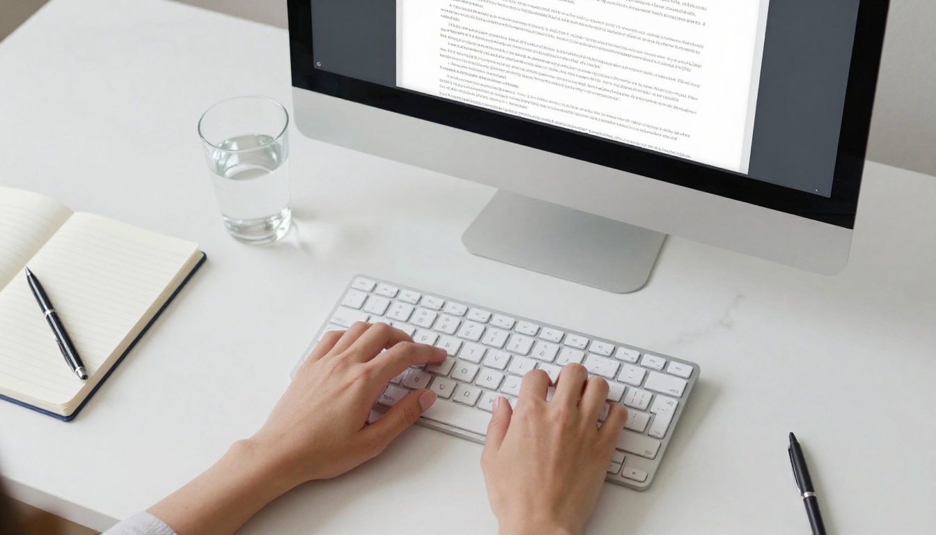 Aerial overhead shot of hands typing on white keyboard with PDF document on screen