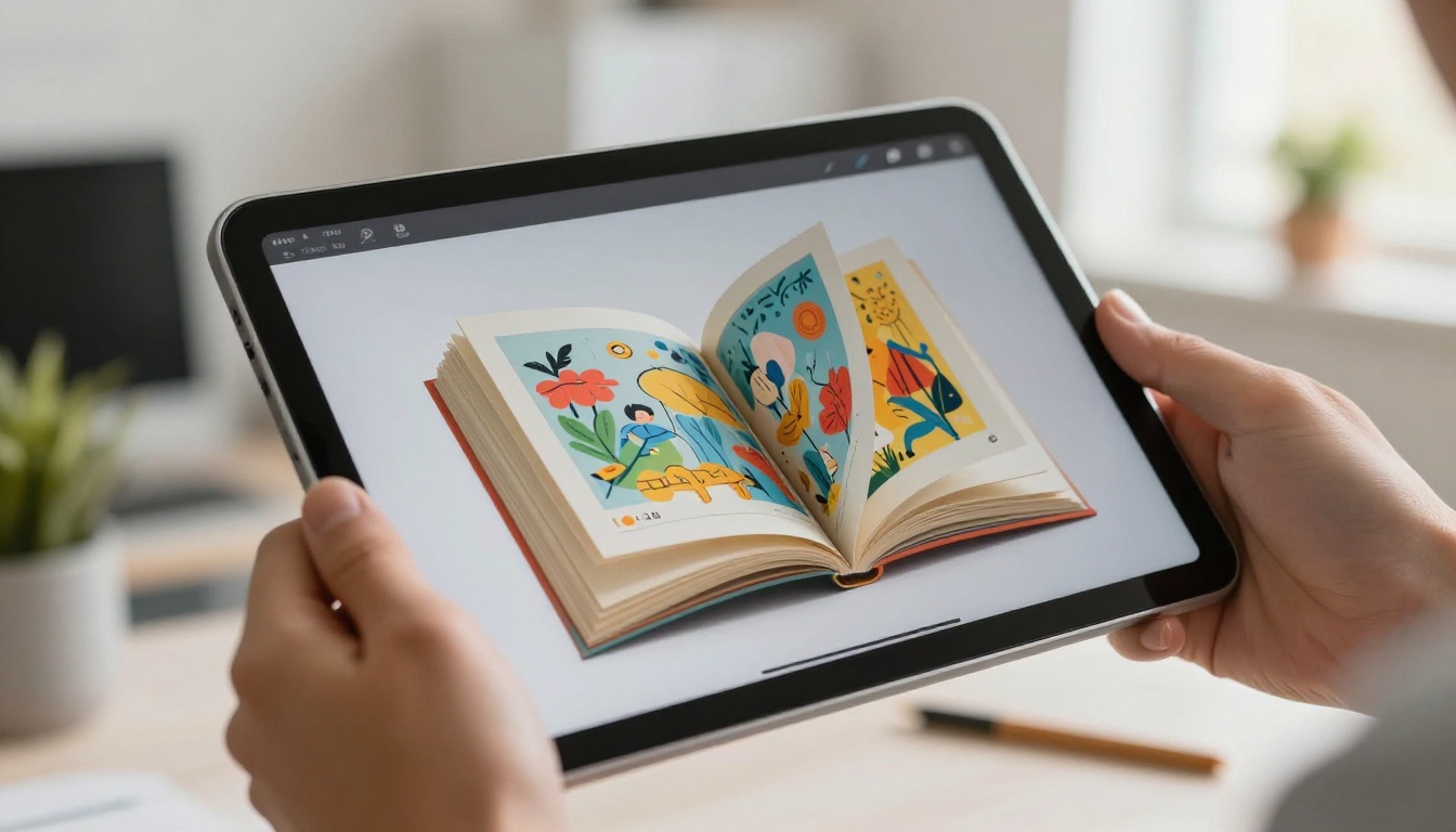Digital flipbook pages mid-turn on tablet screen held by hands with warm afternoon side light