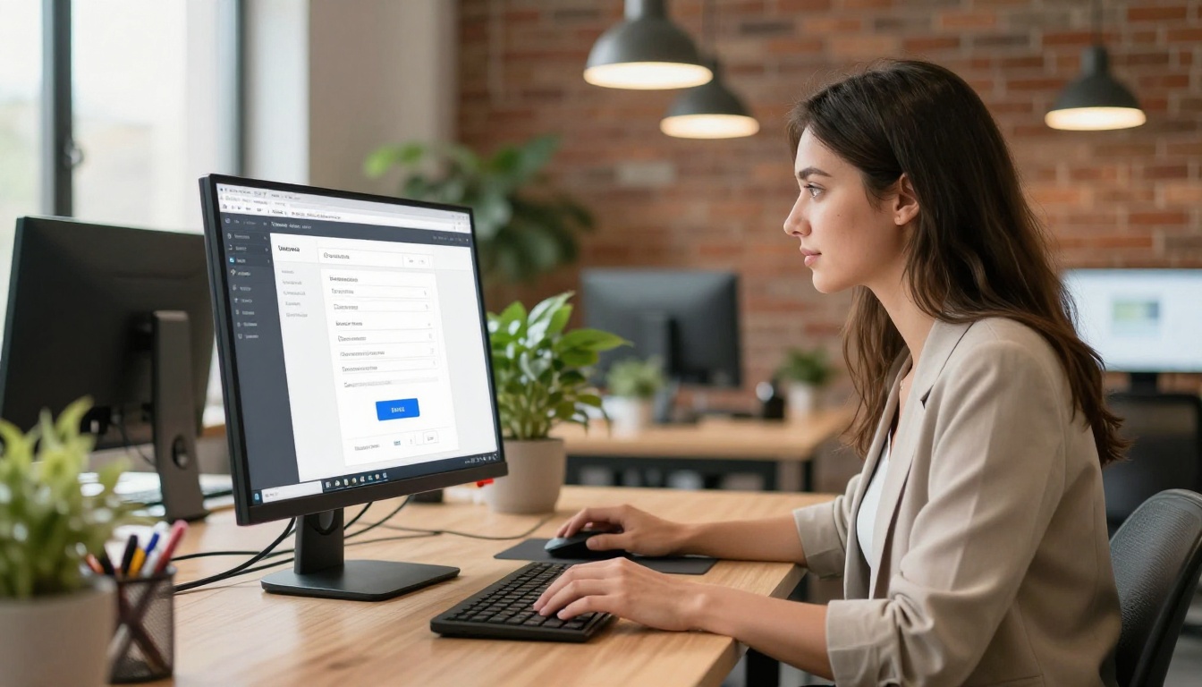 Young professional woman uploading PDF in a web browser at a co-working space with brick walls and plants