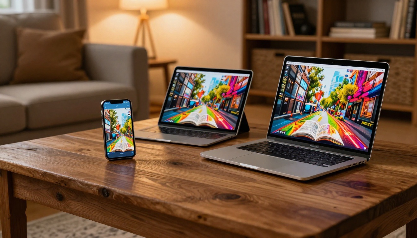 Smartphone, tablet, and laptop on wooden coffee table all showing the same colorful digital flipbook publication