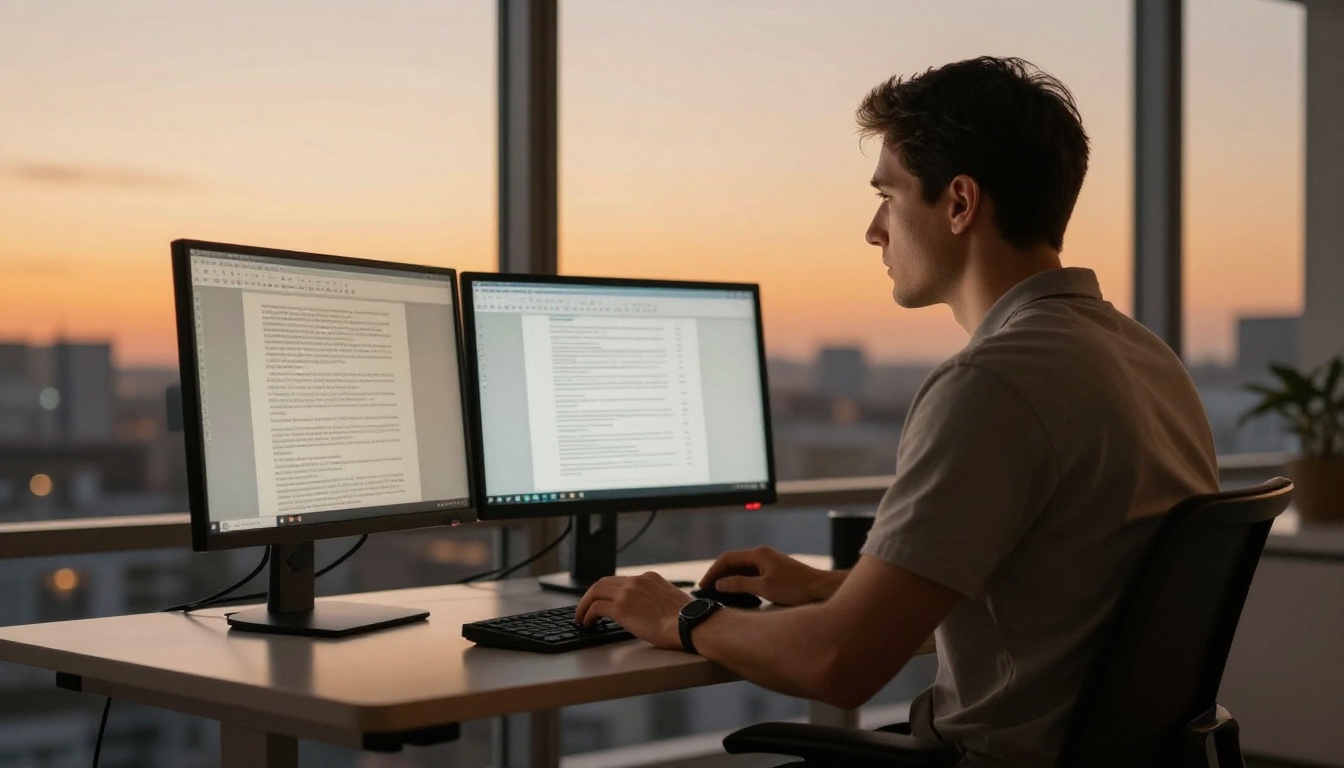 Man working at standing desk with dual monitors showing text content and PDF layout at golden hour