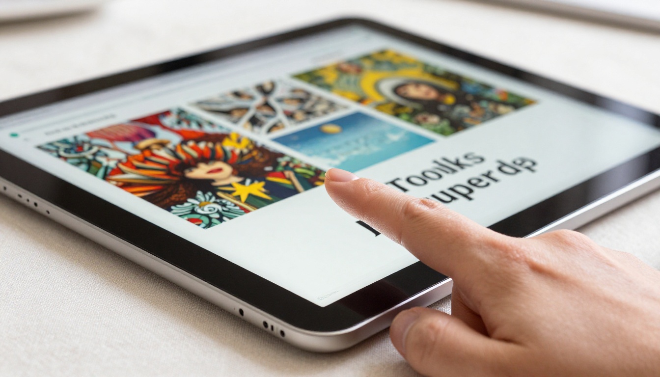 Index finger about to tap interactive flipbook on tablet resting on linen surface with rim lighting
