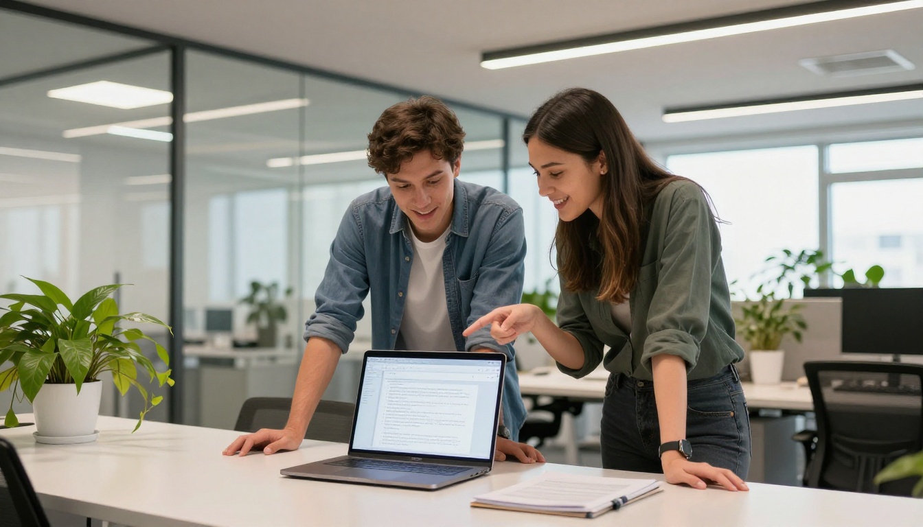 Two colleagues smiling and pointing at a digital flipbook on a laptop in a bright modern office with greenery